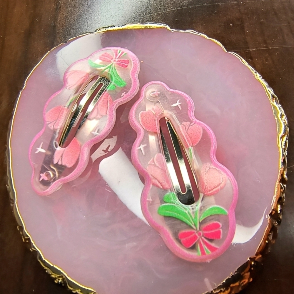 Women’s Jewelry Unique and Flashy  Hair Clips- Pink and Green Floral with Roses